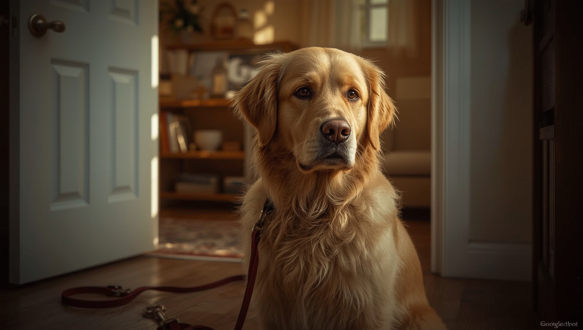 A dog looking out the door anxiously, waiting for its owner.